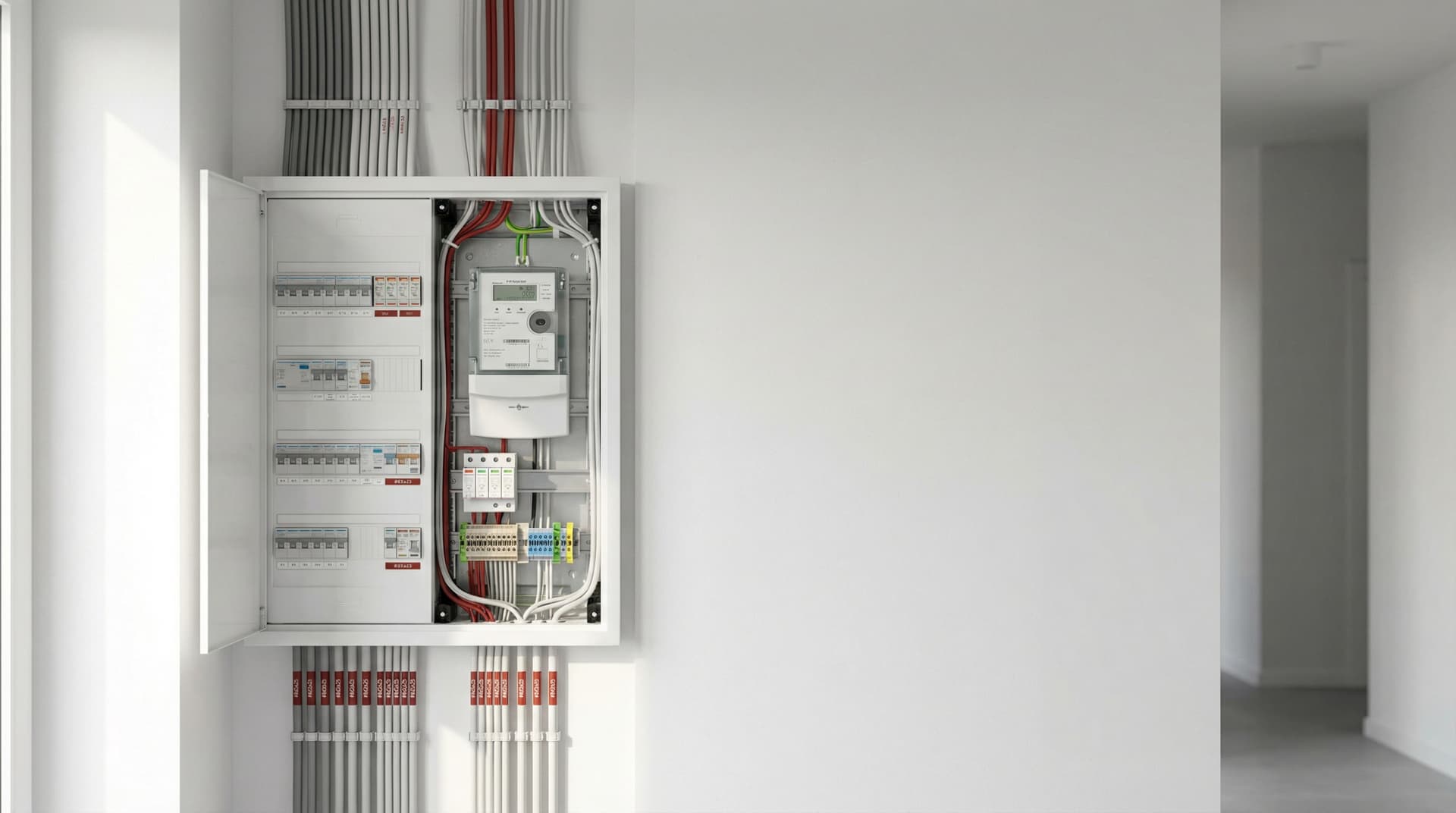 16:9 Bild von einem sauber verkabelten Schaltkasten