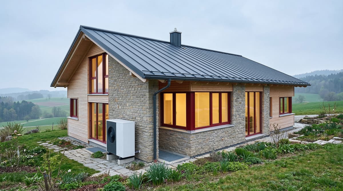 Bild von einem Haus mit PV und Wärmepumpe