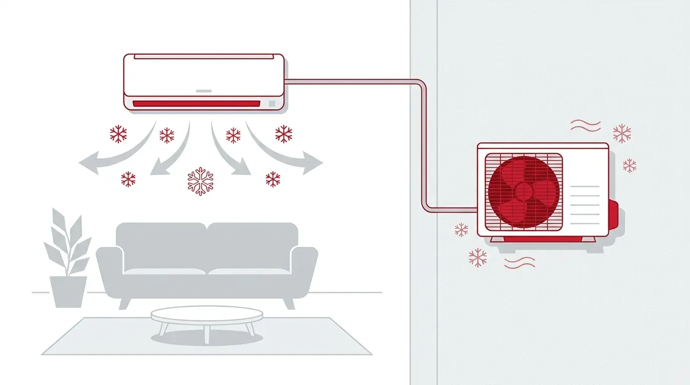 Schematische Darstellung einer Split-Klimaanlage mit Inneneinheit im Raum und Außeneinheit an der Fassade