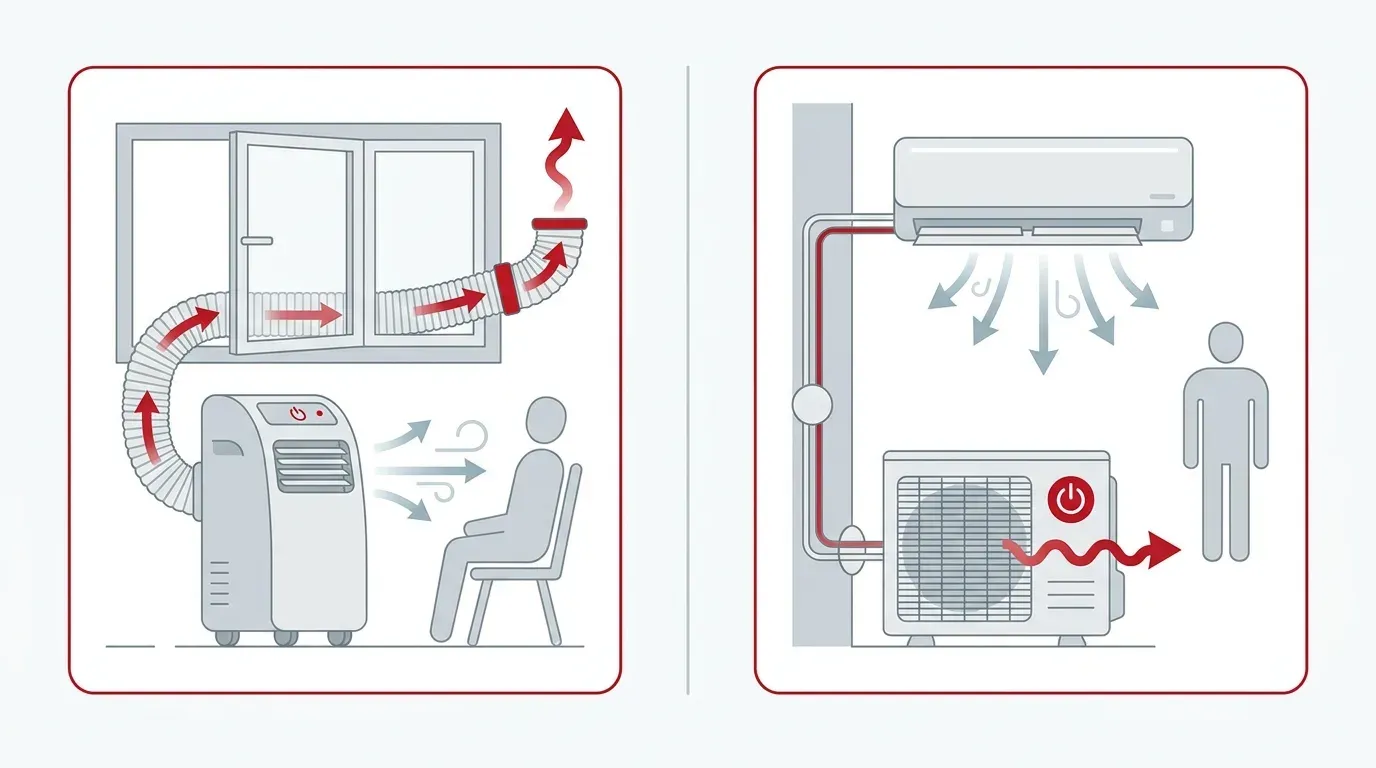 Vergleich zwischen mobilem Monoblock-Klimagerät mit Abluftschlauch und fest installierter Split-Klimaanlage